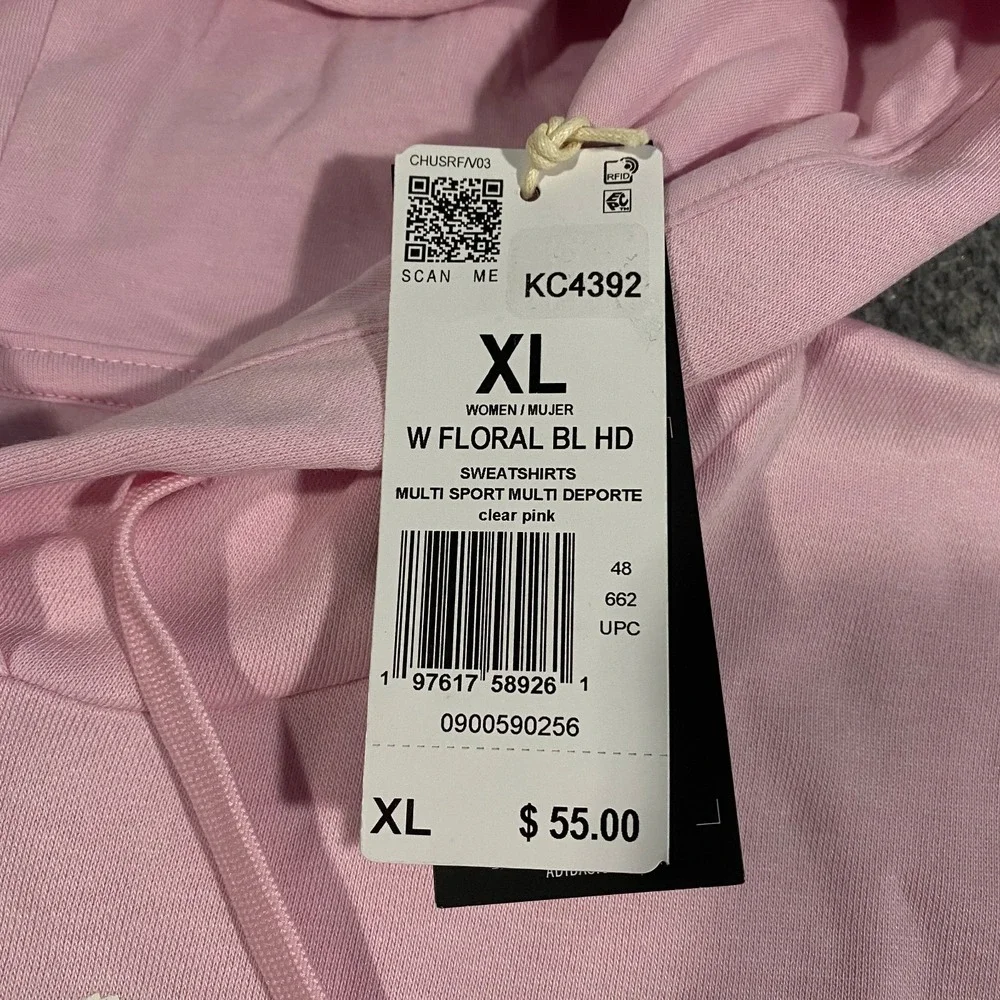 Adidas Trefoil Floral Logo Hoodie Womens XL Clear Pink Flowers Pullover Fleece